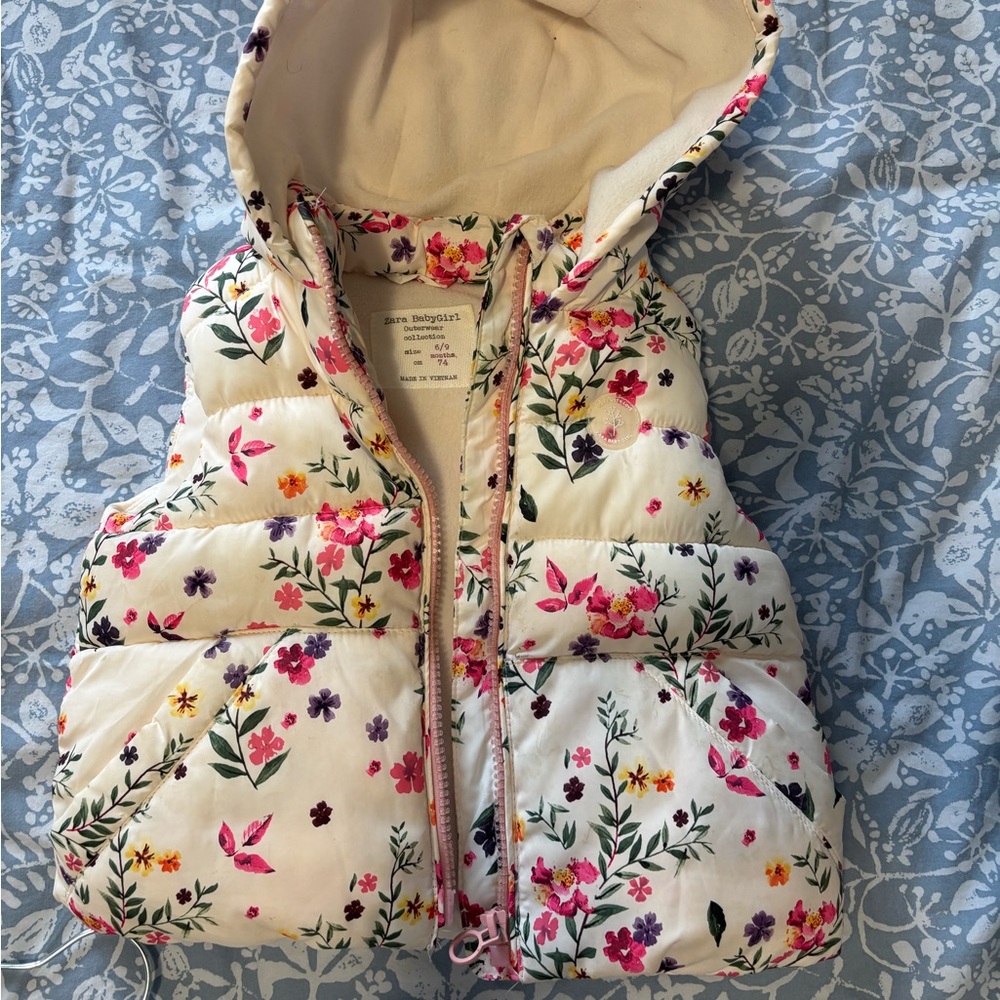 Zara Kids Floral Puffer Jacket - Cream with Pink and Purple